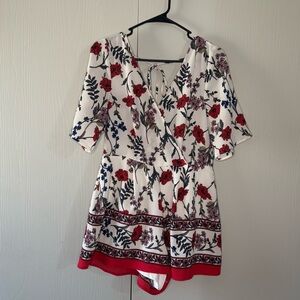 Floral V-Neck Romper with Red and Blue Accents